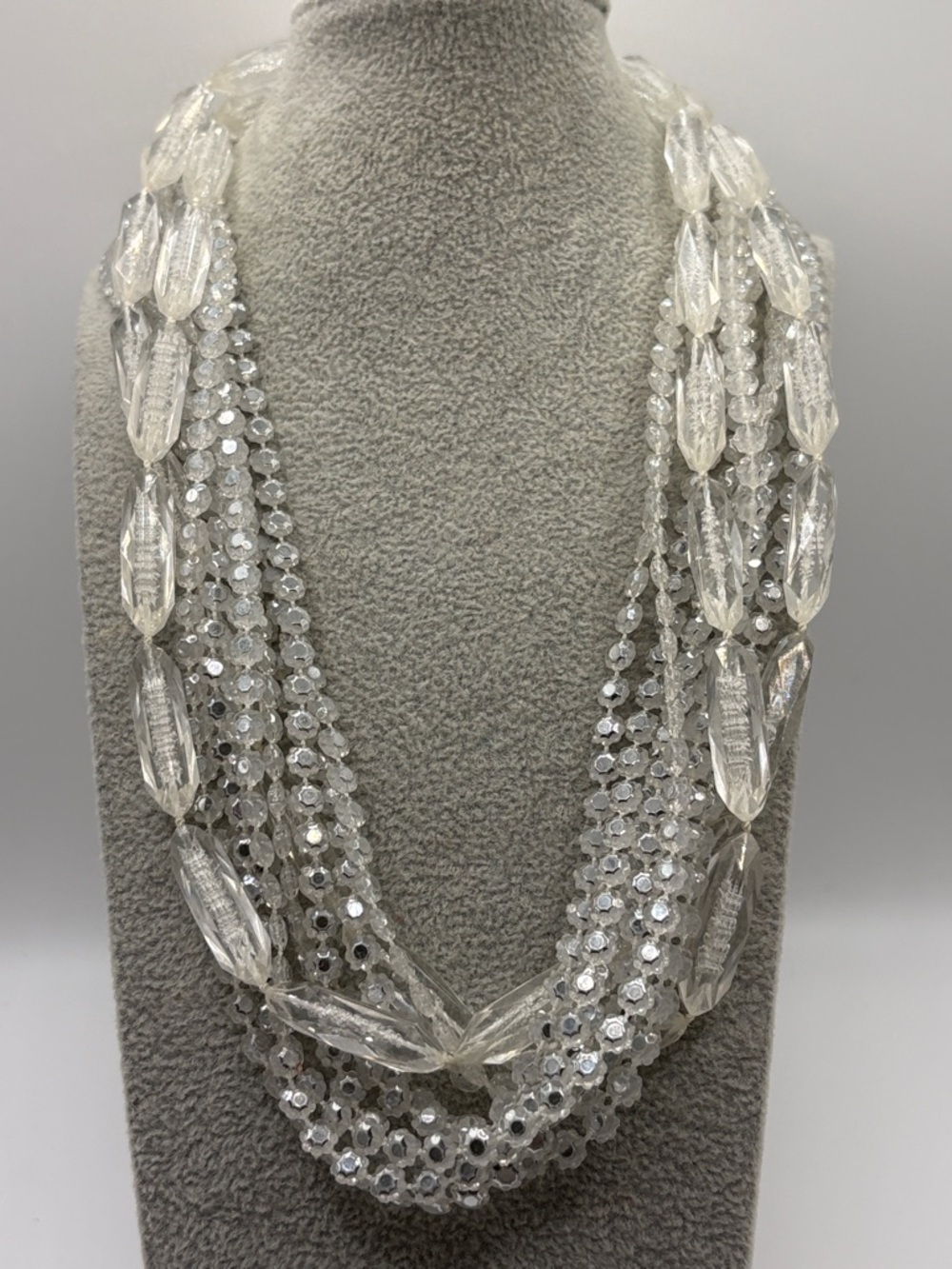 Vintage 60’s Clear Multi-Strand Crystal Necklace - White/Silver Tones 20”